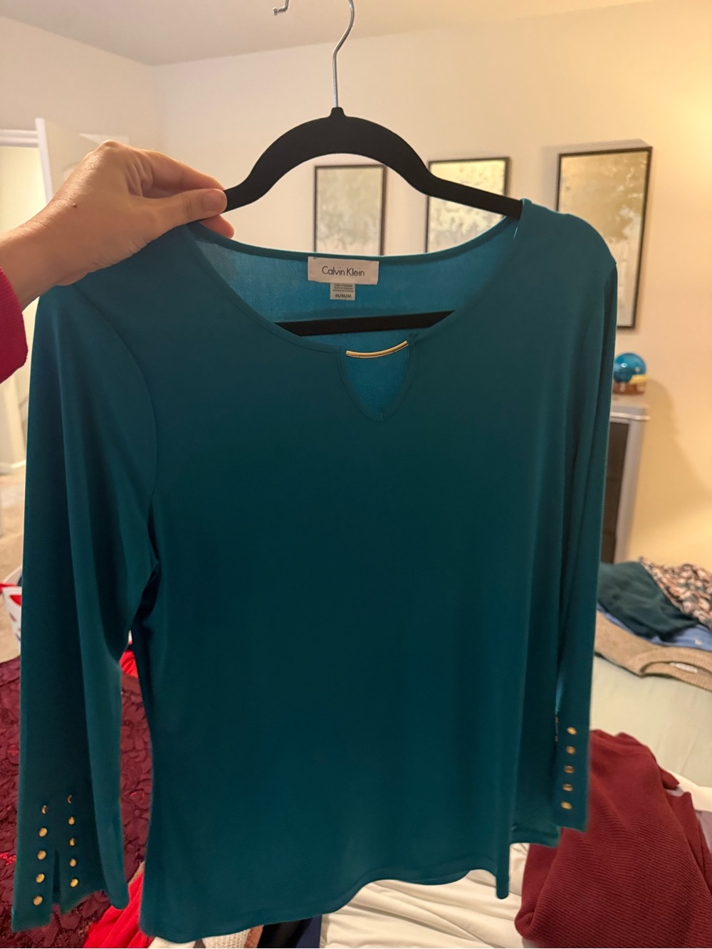 Calvin Klein Teal Long Sleeve Top with Gold Accents